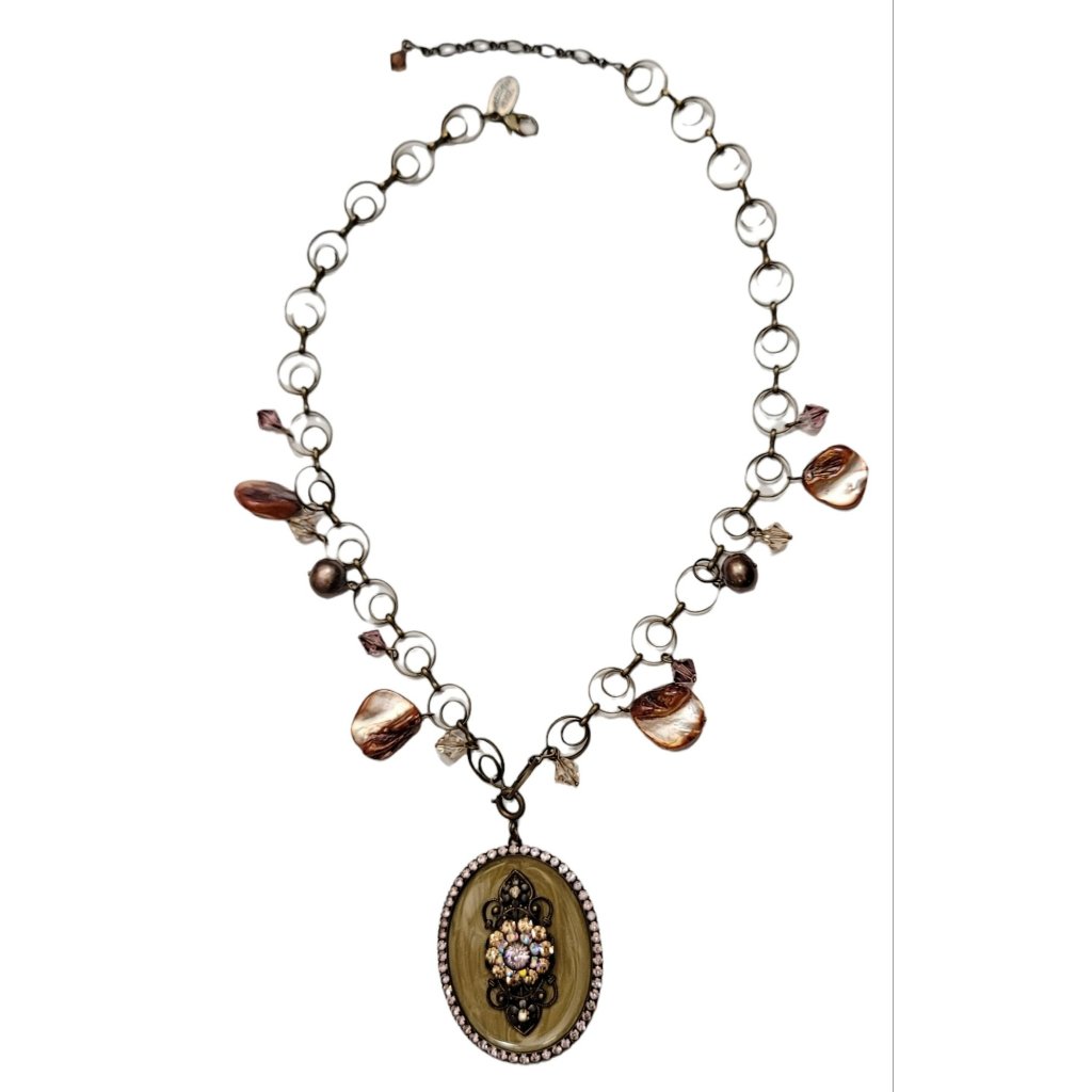 Liz Palacios Enamel Crystal Rhinestone Pendant Necklace, Signed 17”